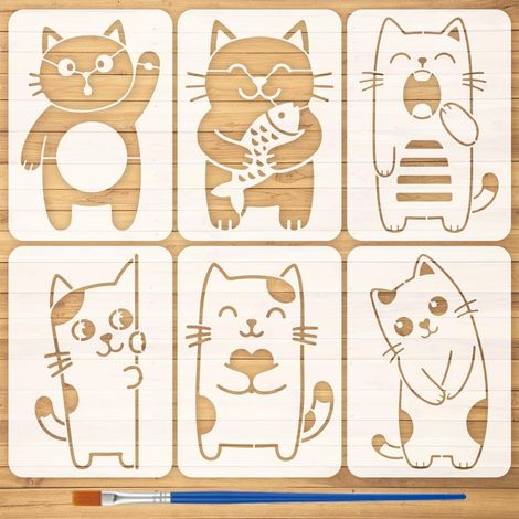 6Pièces Pochoirs Peinture Chat Mignon Avec Un Pinceau 10,5x14,8cm Pochoirs Chats Amples Dessin Animé Modèle De Dessin Chaton Pochoir Animaux pour Peinture Sur Bois, Mur, Tissu (1/5)