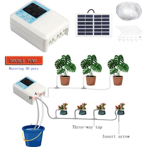 Arroseur automatique solaire double pompe pour plantes en pot, système d'irrigation goutte-à-goutte avec minuterie, 15 embouts, tuyau 10m, USB (1/3)
