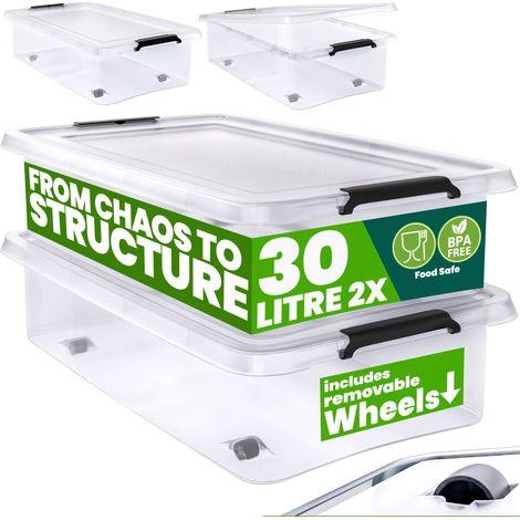 DEUBA® 30/60 Litre Plastic Rolling Storage Boxes w/Lid Stackable Clear BPA-Free 2x 30L (de)