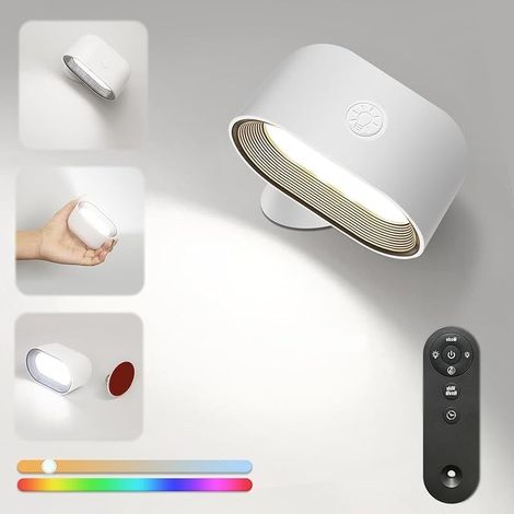 Applique murale LED d'intérieur avec télécommande avec batterie, contrôle tactile, 5 niveaux de luminosité, 3 modes de couleur, rotatif à 360°, LED RVB à intensité variable, applique murale (1/5)