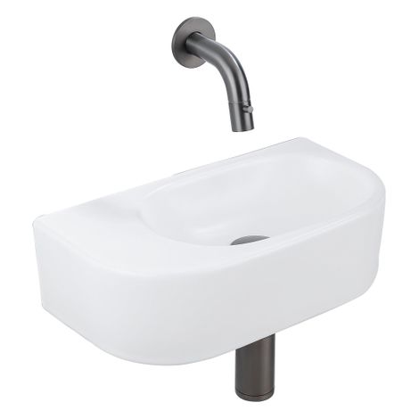 QeramiQ Fuente Ensemble de Lavabo - 40x21.5x12cm - lisse - demi-rond - céramique - ensemble de robinet gunmetal - bouchon de vidange - siphon abaissé (1/5)