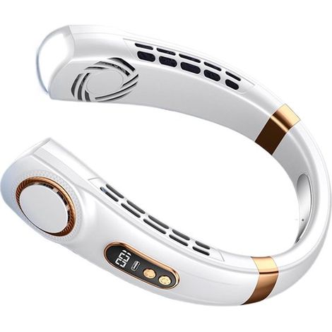 Ventilateur de cou portable à 5 vitesses, rechargeable, silencieux, avec affichage LED couleur et lumière, idéal pour l'été, les voyages - Blanc (1/5)