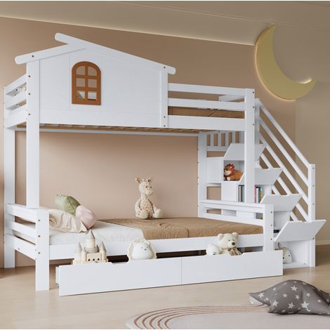 Cama litera infantil 90x200 cm en madera maciza y MDF blanco/natural, con 2 cajones y escalera de esquina (1/5)