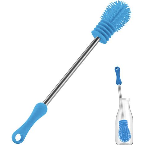 Brosse de nettoyage en silicone avec long manche, 27,5 x 4 cm, idéale pour les biberons, les gourdes, les vases et la verrerie. Convient parfaitement aux bouteilles de petit diamètre. (1/5)
