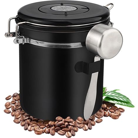 Bote Cafe Hermetico(1,5L), Recipiente Café Hermético, Frascos de café de acero inoxidable con cuchara, ideal para almacenar granos de café, especias, té y frutos secos (negro) (1/5)
