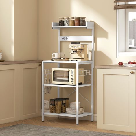 Mensola da cucina con 2 prese di corrente, mensola per microonde, mensola regolabile con ganci, 60x42x137 cm, bianca
