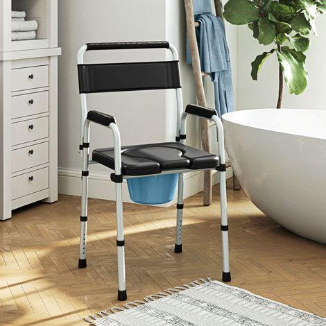 Chaise percée toilette pliable antidérapante hauteur réglable, siège et accoudoirs rembourrés, charge 150 kg, noir (1/5)