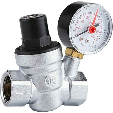 DN20 Vanne de Réduction de Pression d'eau Réglable avec Manomètre Compteur de Pression, Reducteur de Pression d'eau 3/4 pouce Regulateur de Pression Eau avec Manomètre (1/4)