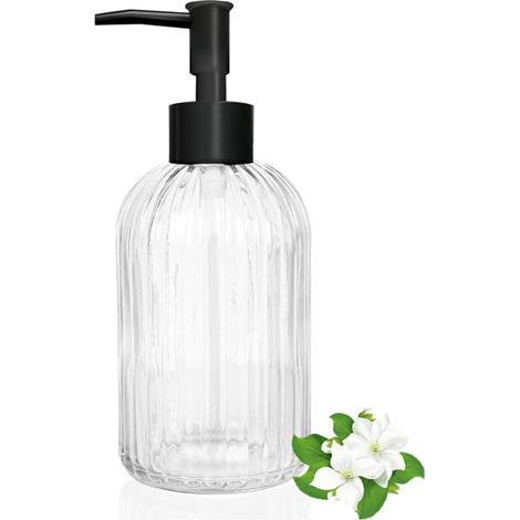 14 oz black pump head transparent striped glass soap dispenser refillable countertop hand sanitizer detergent bottle (1/5)