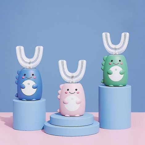 Elektrische Kinderzahnbürste, automatisches Mundreinigungsgerät, USB-aufladbar, Schalltechnologie, niedliches U-förmiges Dinosaurier-Design, Zahnpflege – für Kinder von 7 bis 13 Jahren – Rosa – Basis (1/5)
