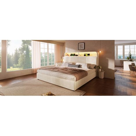 Lit rembourré double 180x200 cm avec tête de lit réglable en hauteur et rangement, lit hydraulique avec éclairage LED et station de charge USB/Type-C, velours, beige, avec sommier à lattes (sans matel