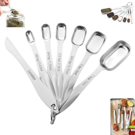 Set di 7 cucchiai dosatori in acciaio inox, cucchiai da cucina, set di cucchiai da forno, set di cucchiai dosatori in acciaio inox argento con raschietto, cucchiaio dosatore in acciaio inox, destro (1/5)