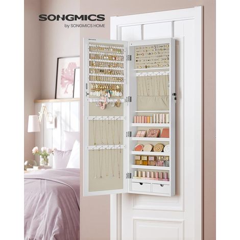 SONGMICS Specchio Portagioie da Parete e Porta, Specchiera Portagioielli con Chiusura, Armadietto Porta Gioielli, per Collane Orecchini Anelli Cosmetici, Esterno Bianco, Interno Greige (1/5)