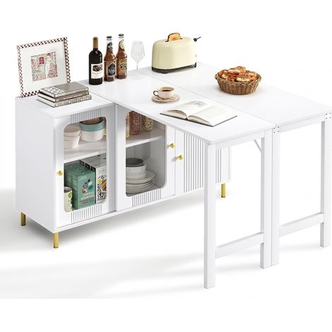 Sideboard mit ausziehbarer Tischplatte Weiß 116x40x78,5 cm, Buffetschrank mit drehbarer Erweiterung, Glasschiebetüren, Metallbeinen Gold