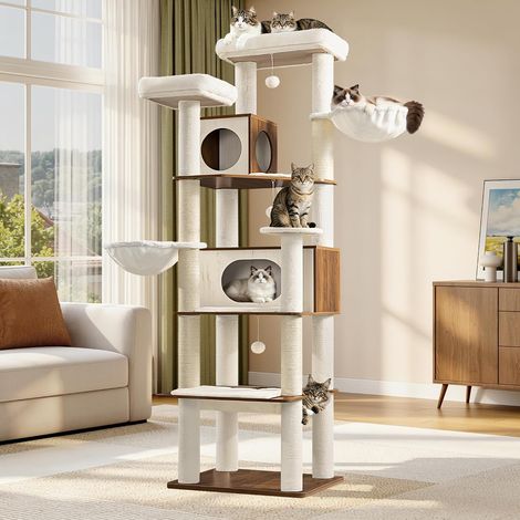 Arbre à Chat XXL, 208 cm Tour de Jeu, Marron et Blanc Grande Niche et Hamac, 2 Plateformes, 5 Poteaux à griffer, Panier, Pom-poms, pour l'intérieur Moderne (1/5)