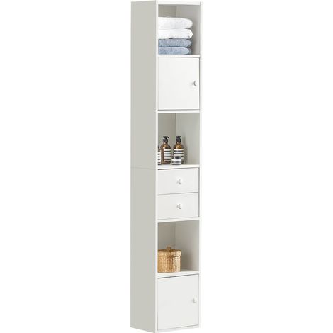 Mueble Columna de Baño Armario de Almacenamiento Armario Independiente con 2 Puertas y 2 Cajones Blanco 33x24x188cm STR10-W SoBuy ES (1/5)