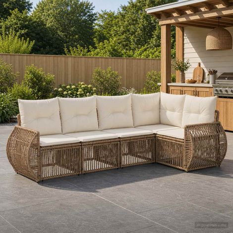 Ensemble canapé de jardin 5 pièces modulable en polyrotin beige et blanc crème, coussins lavables - PANGIVO (1/5)