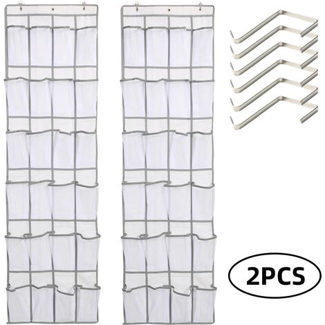 Boîte de rangement à chaussures, boîte de rangement à suspendre pour placard, 2 pièces, 24 compartiments, blanc, 48 x 168 cm, avec crochets métalliques pour le rangement des chaussures (1/5)