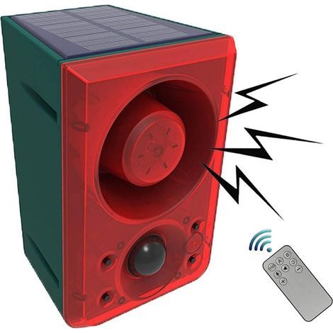 Alarma estroboscópica alimentada por energía solar con sensor de movimiento de 130 dB, control remoto, grabación de 20 segundos y sirena/alerta de seguridad con ladrido de perro para granja, establo o (1/5)