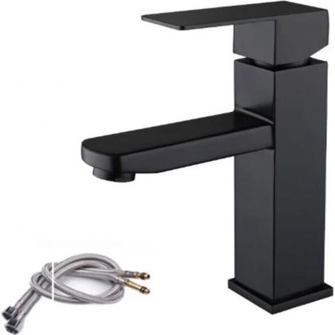 Robinet de lavabo en acier inoxydable noir, conception à poignée unique pour eau chaude et froide, avec tuyau, adapté aux éviers et mitigeurs de salle de bain (1/4)