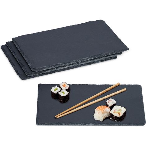 Relaxdays Set of 4 Slate Platter, Rectangular Serving Plate, 26 x 16 cm, for Cheese, Sushi, Desserts, Buffet, Anthracite (1/5)