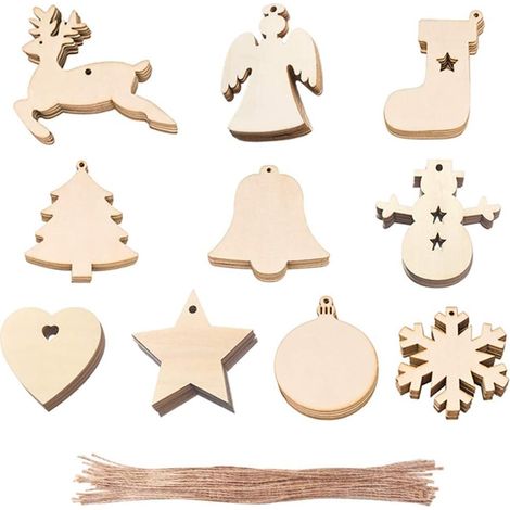 Pendentif Bois Noel - 100 Pièces Décoration Artisanale Sapin Étoile Cercle - Pour Arbre de Noël Mur Porte Fenêtre - Lot Complet (1/5)