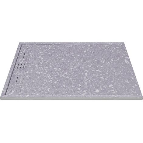 Receveur de douche extra plat à poser ou à encastrer recoupable en résine SMC - Effet Terrazzo gris - 120 x 90 cm - LYROSA (1/5)