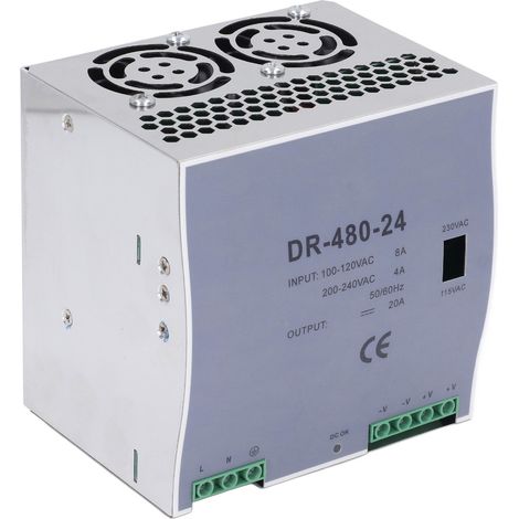 Alimentation 480W 24V DC DIN Rail, convertisseur AC-DC à découpage, entrée 100-120VAC/200-240VAC, sortie unique, rail DIN, tension stabilisée pour armoires industrielles, usage professionnel. (1/5)