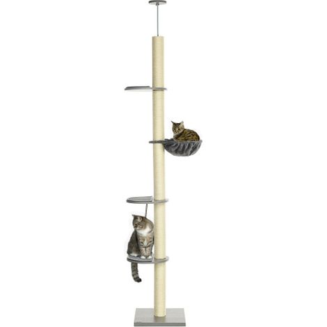 Árbol para gatos de altura regulable, con postes rascadores, perchas y hamaca, de color gris y blanco crema, ideal para amantes de los gatos. Disponible en el lugar. (1/5)
