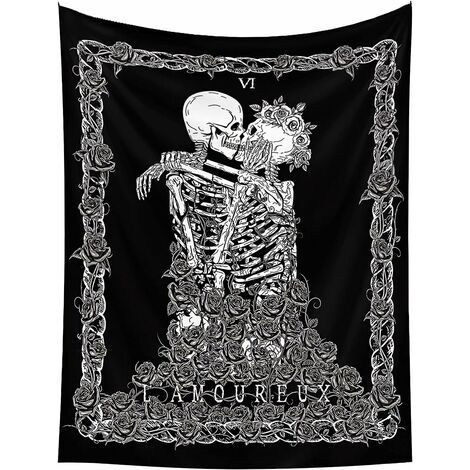 Crâne Tapisserie murale baisers amants Tapisserie Tenture murale Noir Tarot Tapisserie Squelette Couverture Tissu Décoration pour chambre à coucher Salon 73 x 95 cm (1/3)
