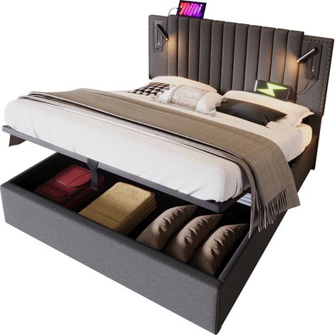 CHICFURN Lit coffre 180x200 avec tête de lit réglable, liseuse intégrée, 2 ports USB + 2 Type-C, rangement sous le sommier, structure acier gris, sans matelas (1/5)
