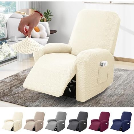 Housse de fauteuil 1 place, housse extensible avec poches, protection intégrale en jacquard rayé pour fauteuils TV et relax (beige, ensemble de 4 pièces) (1/5)