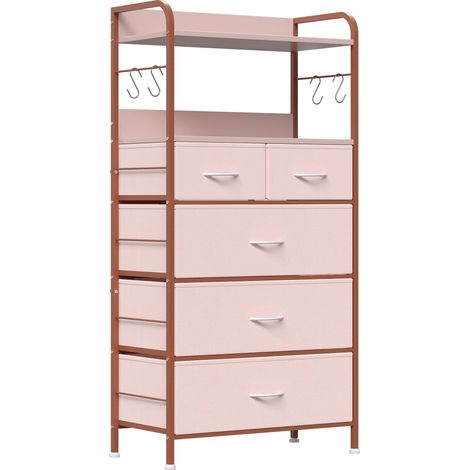 Commode 5 Tiroirs, Crochets, Étagères, 120x60x30cm, Rangement Entrée Chambre, Commode Chambre, Meuble Rangement, Tissu, Métal (1/5)