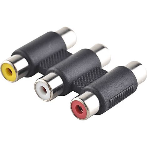 AV adapter with 3 female RCA audio/video connectors, 3 female AV direct pass-through connectors in red, white and yellow. (1/2)