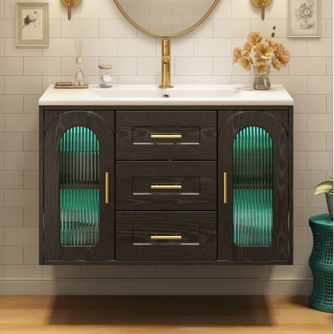 Meuble vasque mural 76x46x55 cm en MDF et verre noir, avec rangement, pour salle de bain FLORAGRACE (1/5)