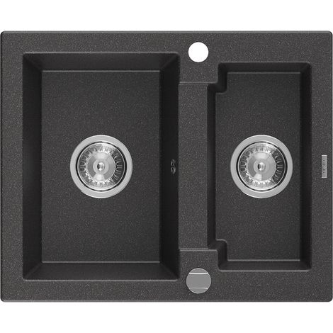 Mexen Carlos évier en granit à 1,5 cuve 582 x 475 mm, Noir moucheté, siphon Chrome - 6518581500-76 (1/5)