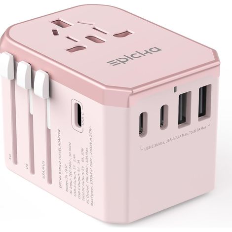 Adaptateur Prise Universelle de Voyage, Prise Universelle Voyage 30W, Adaptateur Universel de Voyage avec 2 USB et 3 USB C, Adaptateur International vers USA Japon Canada UK Francais, Rose (1/5)