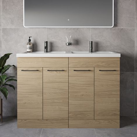 Napoli 390 Light Oak 1200mm 4 Door Vanity Unit with Double Lucia Basins - 1200mm - Gunmetal Grey 160mm Handle
