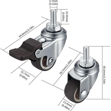 Set mit 4 kleinen Lenkrollen für Möbel, 25 mm, M6, mit Bremse, 360° drehbar, geräuscharm, rutschfest, mit Gewinde, für Innen- und Außenmöbel (1/4)