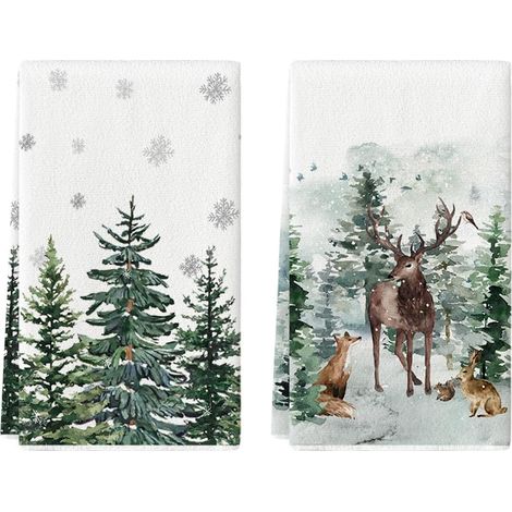 Set mit 2 Polyester-Küchenhandtüchern – Aquarellmuster, Rentiere, Bäume, Schneeflocken – 42 x 65 cm