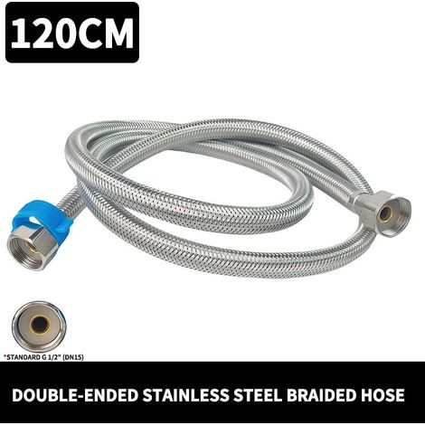 Tuyau tressé en acier inoxydable 304 (120 cm), 1/2 pouce, anti-éclatement et étanche, flexible pour eau chaude et froide, compatible avec robinets, toilettes et chauffe-eau.