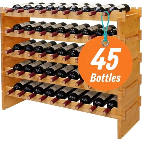 Relaxdays Wine Rack, 45 Bottles, Bamboo, HWD: 68 x 85 x 25.5 cm, Red & White Wine, Stackable Bottle Rack, Natural (1/5)