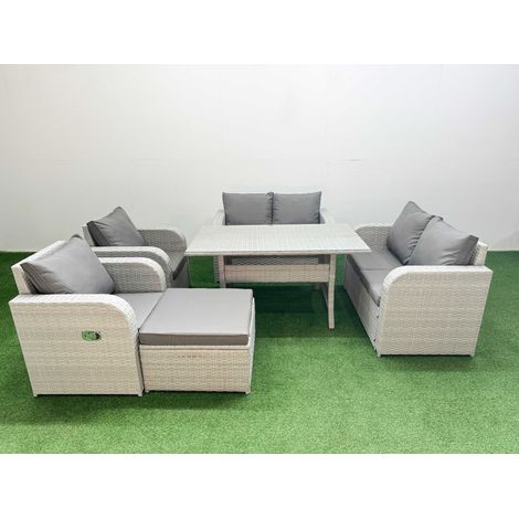 Fimous 7 Seater Outdoor Reclining Chair Love Sofa Set Rattan Garden Furniture Set with Rectangular Dining Table Footstool Light Grey (1/4)