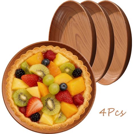 Assiettes plates imitation bois (brun clair, lot de 4), vaisselle de cuisine (1/2)