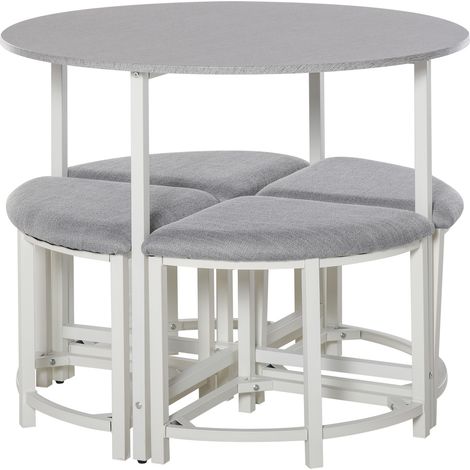 Stylish Grey Round Dining Table Set with 4 Comfortable Upholstered Stools for Kitchen or Dining Room