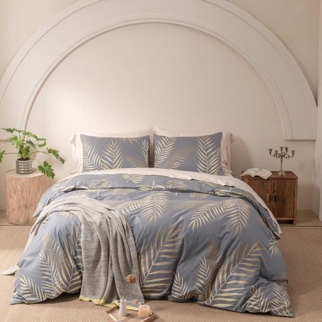 Parure de lit 220x240cm Gris Or Feuilles Réversible Microfibre avec fermeture éclair