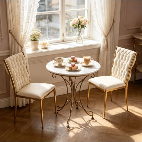 Chaise de salle à manger en velours et métal crème blanc et or, dossier haut, rembourrée, avec patins réglables (1/5)