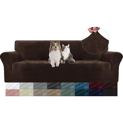 Housse de canapé en velours 3 places(180-230cm), sofa cover extensible marron (1/5)