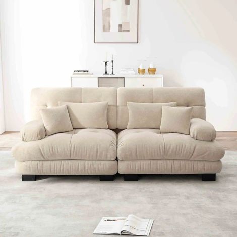 Cloud Ecksofa für Wohnzimmer, Chenille Doppelsofa mit 2 Lendenkissen und 2 Dekokissen, Massivholzrahmen, Chenille Hellbraun