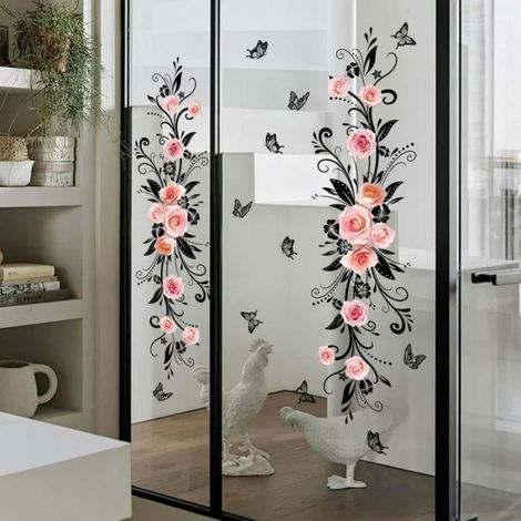 Autocollants de fenêtre et muraux fleurs rose et noir, décoration pour salon, salle de bain, cuisine, chambre (1/4)